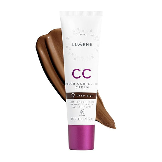Lumene Color Correcting CC Cream - Lightweight Foundation - Medium Coverage - Redness Reducing Face Makeup for Glowing Complexion - Vegan Formula + Suitable for All Skin Types - Deep Rich (1 fl oz)