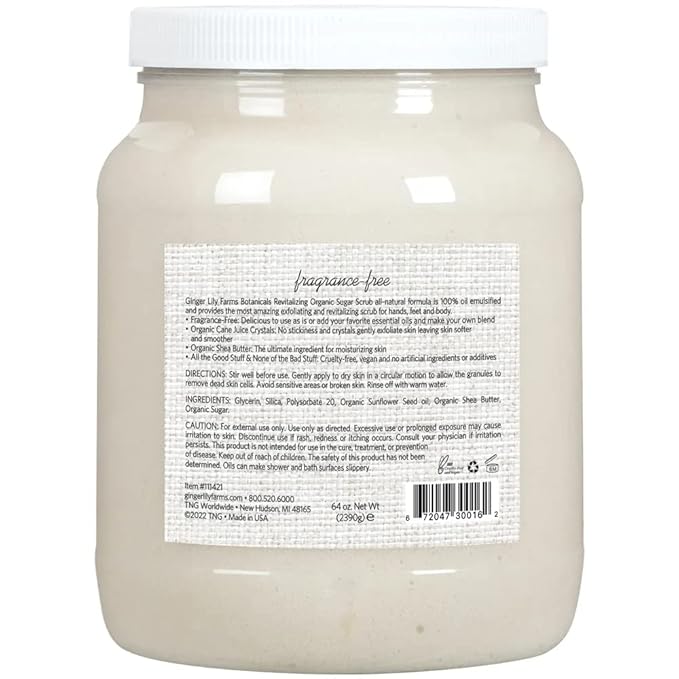 Ginger Lily Farms Botanicals Revitalizing Organic Sugar Scrub, All-Natural Skin Exfoliating Sugar Crystals, 100% Vegan & Cruelty-Free, Fragrance-Free, 64 oz.