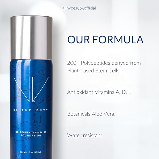 NV BB Perfecting Mist Foundation Buildable Coverage Professional Airbrush Makeup with Plant-based Stem Cell Polypeptides, Vitamins A, D, E and Aloe, 1.5 ounces, Warm Sand