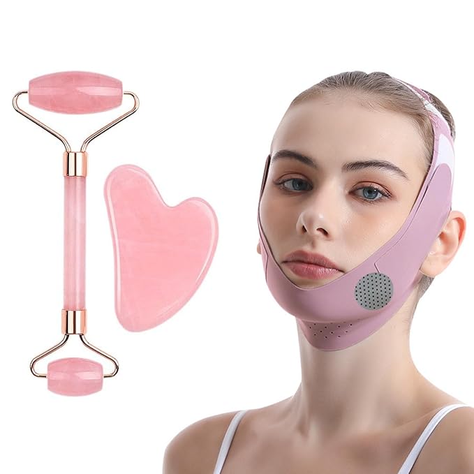 Gua Sha Facial Tools - Jade Roller for Face Beauty Gift Sets Reduces Puffiness, Sleep Mask, Face Lifting Double Chin Strap, Skin Care Massage Self Care Gift for Women