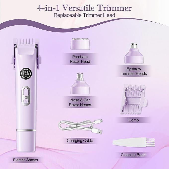 Upgrade Dermave Bikini Shaver, Dual Head 4 in 1 Bikini Trimmer for Women, IPX7 Waterproof Wet & Dry Use Electric Razor with Led Light and Display for Nose, Eyebrow, Bikini, Body (Purple)