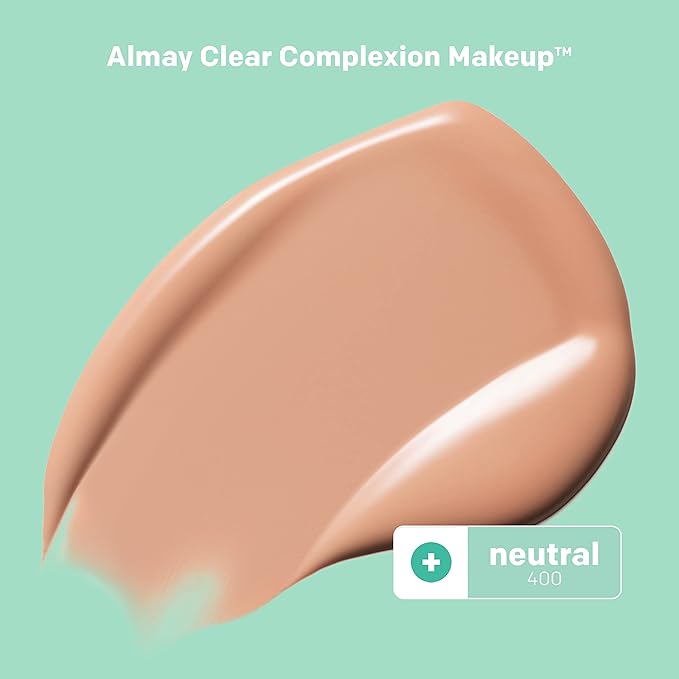 Almay Clear Complexion Acne Foundation Makeup with Salicylic Acid - Lightweight, Medium Coverage, Hypoallergenic, Fragrance-Free, for Sensitive Skin, 400 Neutral, 1 fl oz.
