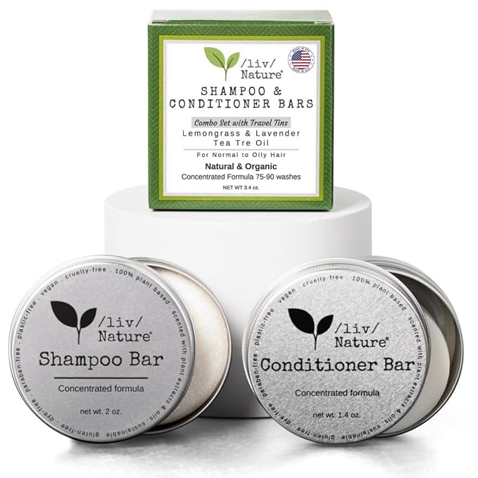 Shampoo Bar and Conditioner with Travel Tins | Lemongrass, Lavender, Tea Tree Oil | Clarifying & Growth | For Oily Hair | USA 2-pk