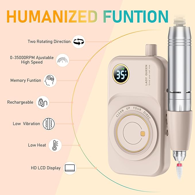 Portable Nail Drill Electric File: 35000RPM Professional Rechargeable Nail E File Machine,for Acrylic Nails Gel Polishing Removing, Cordless Efile with Bits Kit for Manicure Salon Home (Pink)