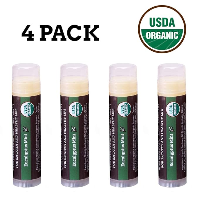USDA Organic Lip Balm 4-Pack by Earth's Daughter - Eucalyptus Mint Flavor, Beeswax, Coconut Oil, Vitamin E - Best Lip Repair Chapstick for Dry Cracked Lips.