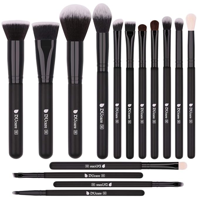 DUcare Makeup Brushes 15Pcs Premium Synthetic Kabuki Makeup Brush Set, Professional Foundation Concealers Powder Blush Blending Face Eye Shadows Black Brush Sets