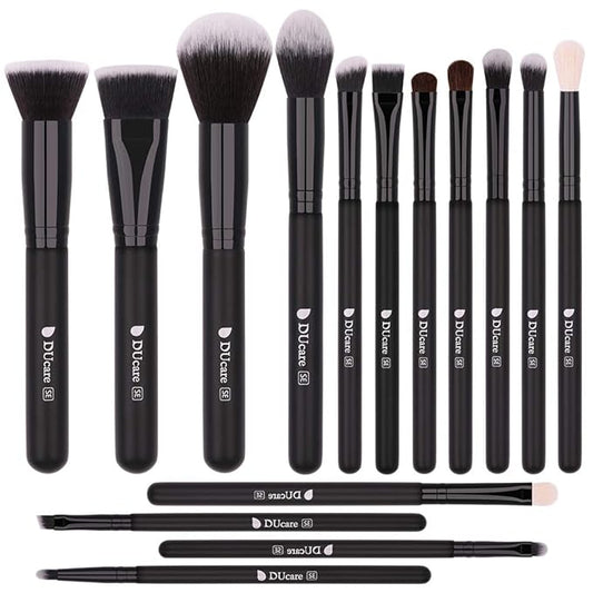 DUcare Makeup Brushes 15Pcs Premium Synthetic Kabuki Makeup Brush Set, Professional Foundation Concealers Powder Blush Blending Face Eye Shadows Black Brush Sets