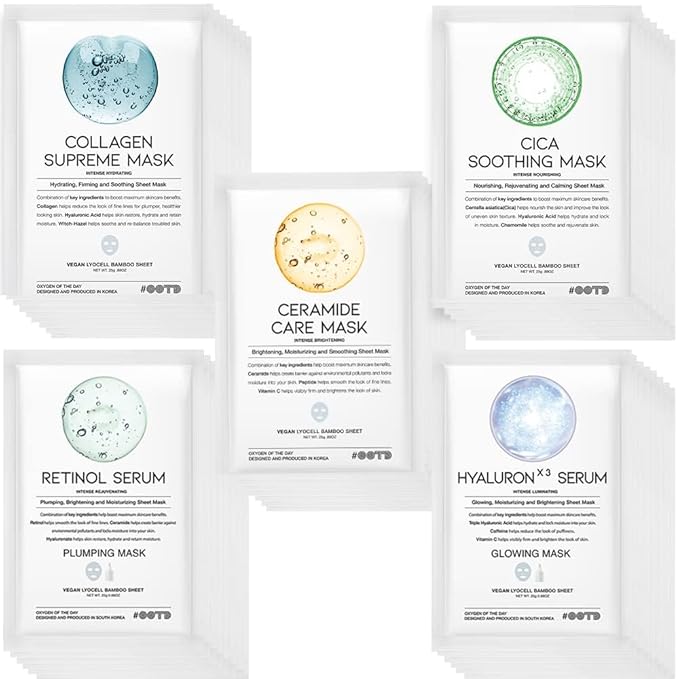 50Combo Korean Face Sheet Mask Gift Pack, Hydrating, Calming, Brightening, Smooting, Rejuvenating, EVE Vegan, Cica, Hyaluron, Retinol, Ceramide, Collagen