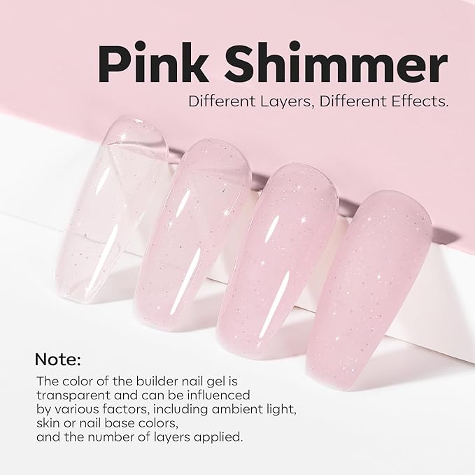 modelones Builder Nail Gel, 8-in-One Nude Pink Glitter Builder, Rainbow Iridescent Shimmer Nail Gel Polish, Jelly Pink Sparkle LED Lamp Cured Hard Rubber Color Base for Home DIY Salon Girls