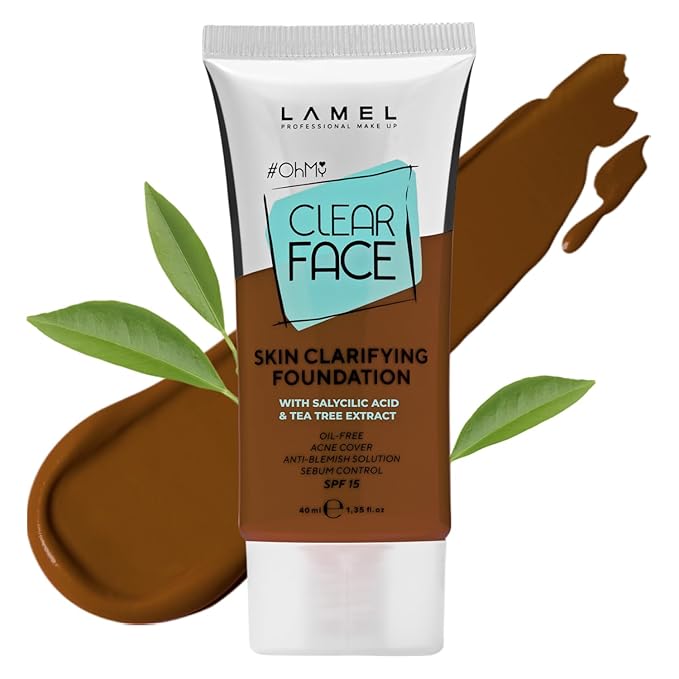 LAMEL OhMy Clear Face Full Coverage Foundation - Acne Coverage - Salicylic Acid & Tea Tree Extract - Dewy & Flawless Finish - Sensitive Skin Care - Organic & Oil-Free - 410, 1.35 fl.oz