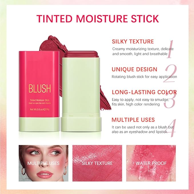 Multi-Purpose Makeup Blush Stick, 3-in-1 Beauty Tinted Solid Blush Stick For Cheeks, Lips And Eyes Waterproof Natural Cream Blush Stick With Long-Lasting Moisturizing Formula (#1Shy Pink)
