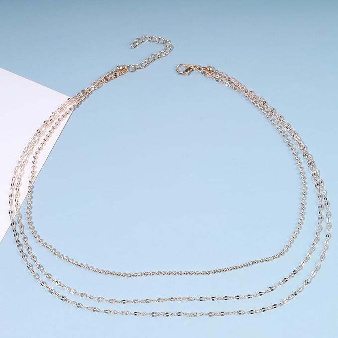 Boho Layered Necklace Choker Gold Lace Chain Necklace Shimmer Shinny Necklace Vintage Multilayer Beaded Necklace Jewelry for Women and Girls
