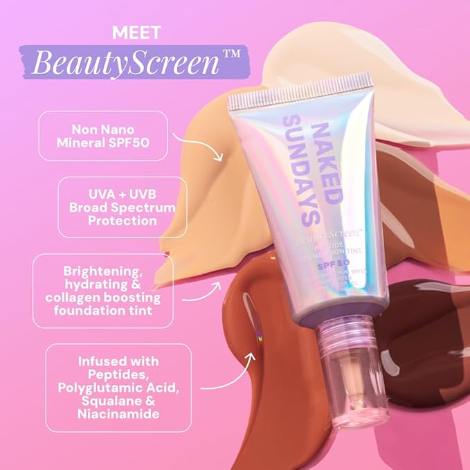 Naked Sundays BeautyScreen™ SPF 50 Mineral Peptide Foundation Tint – 2-in-1 Skin Tint & Mineral Sunscreen | Radiant, Buildable Coverage, Acne-Safe, Infused with Peptides (8 Golden Mahogany, 1.01 oz)