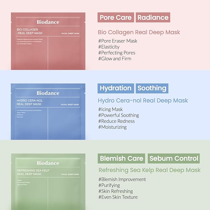 BIODANCE Refreshing Sea kelp Real Deep Mask, Overnight Hydrogel Mask, Calming, Oil & Sebum Control, Blemish Care 1.19oz(34g) x 4ea