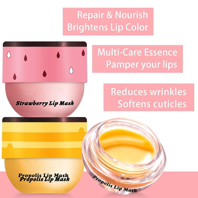 3 Pcs Bee Lip Balm Honey Pot, Honey Strawberry Apple Lip Mask Overnight, Moisturizing Lip Sleeping Mask, Hydrate Repair Prevent Dry Cracked Lip Exfoliator Lip Care (Honey+Strawberry+Apple Lime)