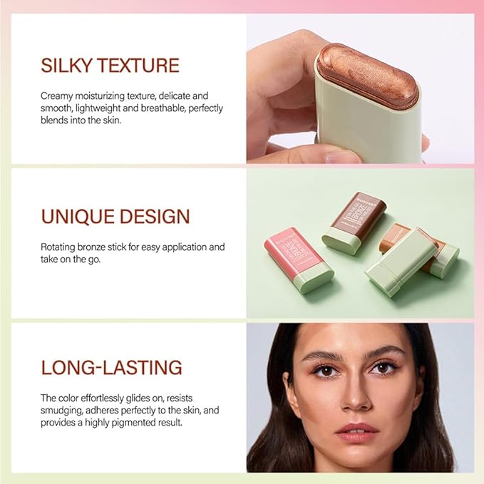 UNYOKE Soft Creamy Highlighter Blush Stick,Smooth Shimmer Bronzer Stick,Long Lasting Waterproof Blush Illuminator Luminizer,Blendable Natural Glow Makeup Cream Blush Highlight 0.6 Oz（03# Rich Glow）