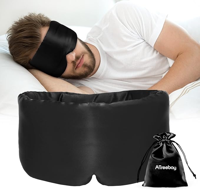 Silk Sleep Mask for Women Men, Mulberry Silk Eye Sleeping Mask & Blindfold with Adjustable Velcro Strap, Blackout Eye Cover for Sleep Travel Yoga Nap, Large Size, Black