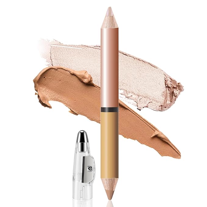 2 in 1 Cream Bronzer and Highlighter Stick,Cream Dual-Ended Highlight Contour Stick,Long Lasting & Waterproof Face Brighten Make up Pen
