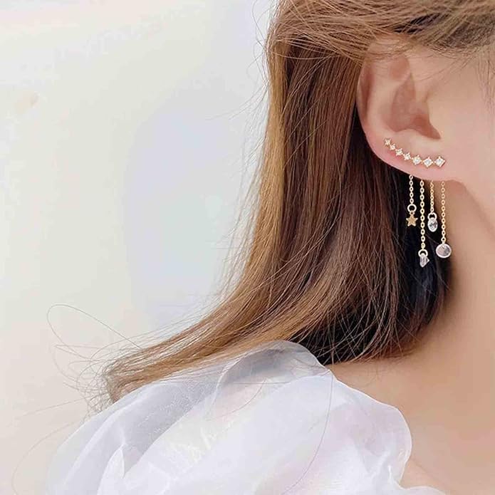 Boho Star Ear Jacket Earrings Gold Cz Star Ear Climber Earrings Crystal Chain Tassel Earrings Crystal Ear Crawler Long Chain Earrings Jewelry for Women and Girls Gifts