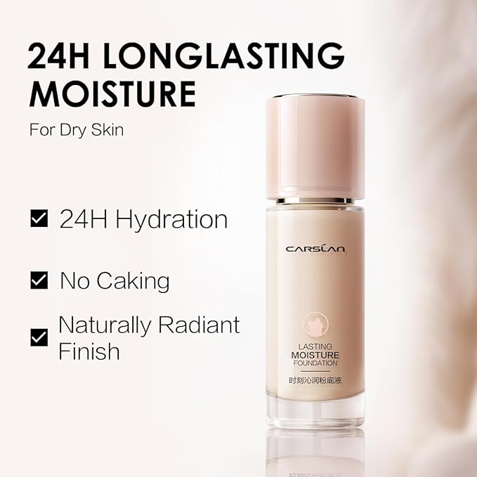 Lasting Moisture Foundation, 24H Longlasting Medium Coverage Dewy Finish Face Makeup, Poreless, Lightweight, Hydrating Liquid Foundation For Dry Skin, W01