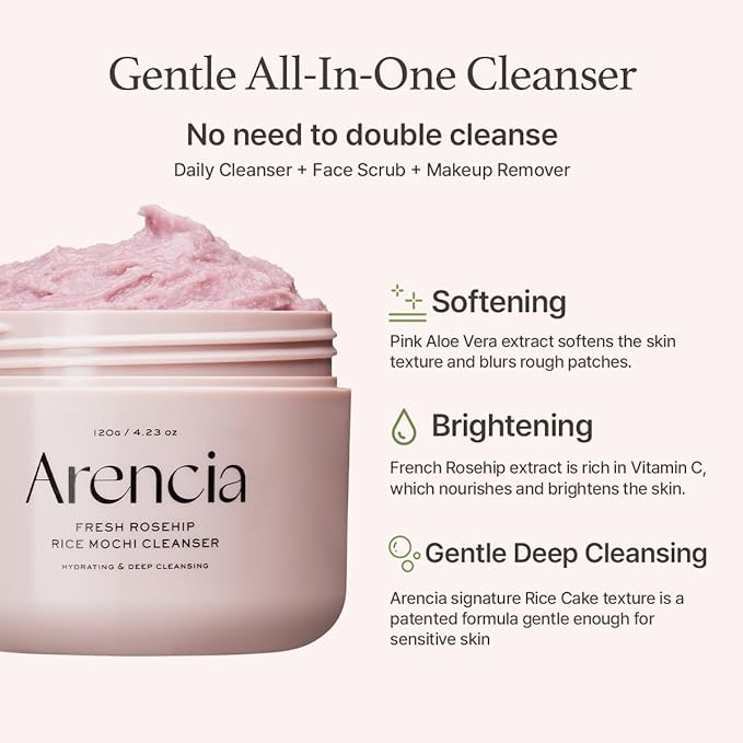 Rosehip Brightening Rice Mochi Face Cleanser & Daily Scrub - Moisturizing, Exfoliating & Deep-Cleansing - All Skin Types with Rice Powder & Rice Water (4.23oz)