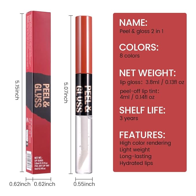 2Pcs Lip Stain Peel Off Lip Gloss oil Dual-Ended Combo, Lips Liner Stain Peel Off Masque, Long Lasting & Waterproof, Transfer-Proof Lip Tint Stain with Lip oil for All Skin Type 05#+08#