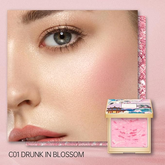 CATKIN Powder Blush for Cheek Blusher Natural Shimmering Blush & Highlight 2 in 1 Creamy Blendable Baked Blush Palette 10g C01 Drunk in Blossom