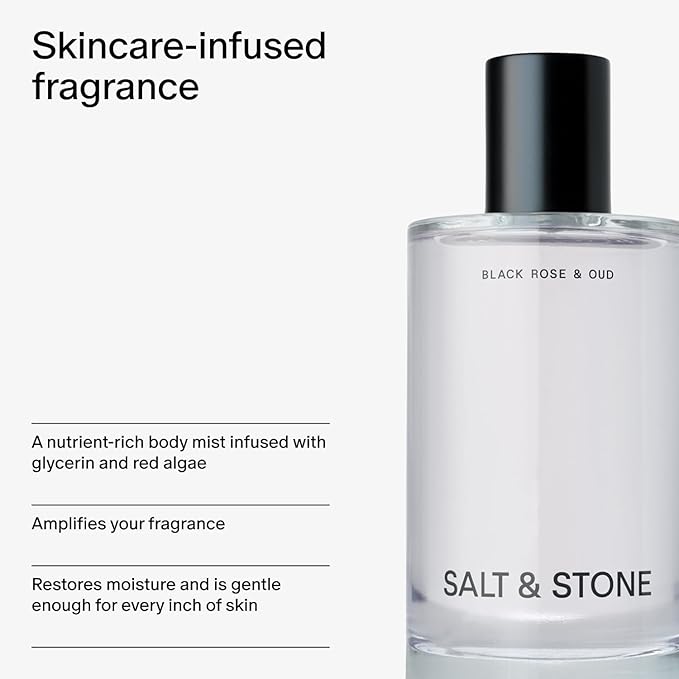 Salt & Stone Body Mist, Black Rose & Oud Scent, Skincare Infused Perfume Hair & Body Spray for Women and Men, Hydrating Fragrance with Glycerin and Red Algae, Vegan, Cruelty Free, 3.4 fl oz