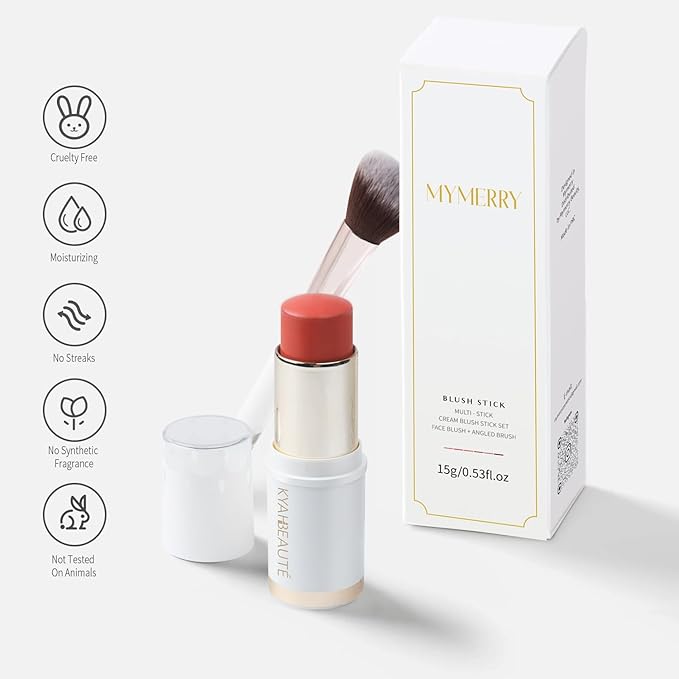 Blush Stick, Cream Blush for Cheeks and Lip Tint, Dewy Finish, Buildable & Blendable Color, Lightweight & Long-Lasting Formula | Salad Day-Coral & Angled Blush Brush（0.53fl.oz）