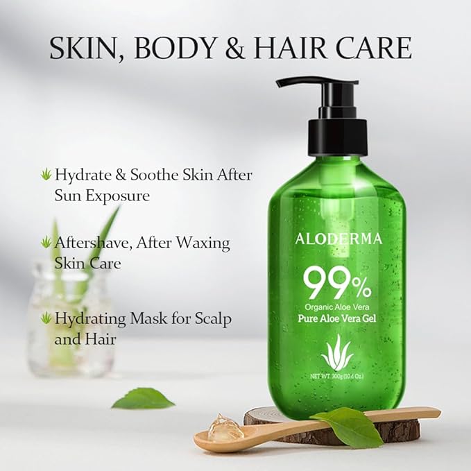 Aloderma 99% Organic Aloe Vera Gel Made within 12 Hours of Harvest - Pump Bottle - Lightweight Aloe Gel for Face and Body, Soothing and Hydrating Sunburn Relief, Great for Scalp & Hair, 3btls x 10.6oz