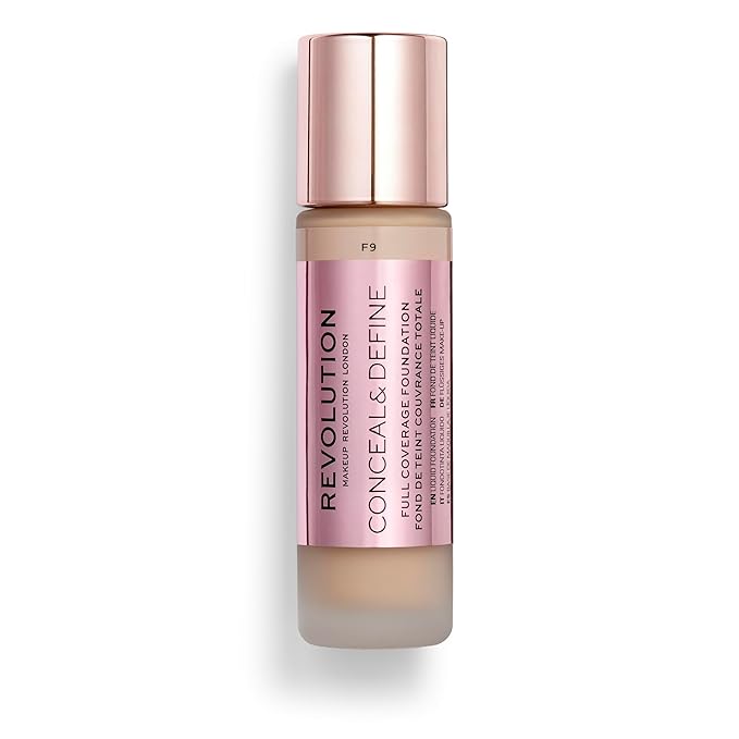 Revolution Beauty, Conceal & Define Foundation, Full Coverage, Long-Lasting Matte Finish, Vegan & Cruelty Free, F9 Medium Skin Tones, 0.8 Fl.Oz.