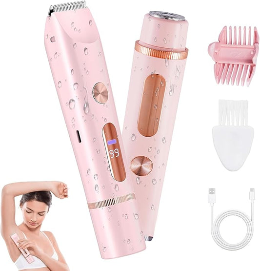 2 in 1 Bikini Trimmer for Women, Dual Head Electric Shaver with LED Display for Body Pubic Hair, IPX7 Waterproof Rechargeable Womens Electric Razor for Armpit Leg Body Facial