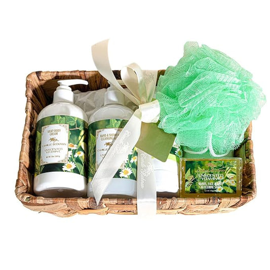 Camille Beckman Essentials Gift Basket, Vitamin E Unscented, Glycerine Hand Therapy 6 oz, Silky Body Cream 13 oz, Hand and Shower Cleansing Gel 13 oz, Glycerine Soap 3.5 oz