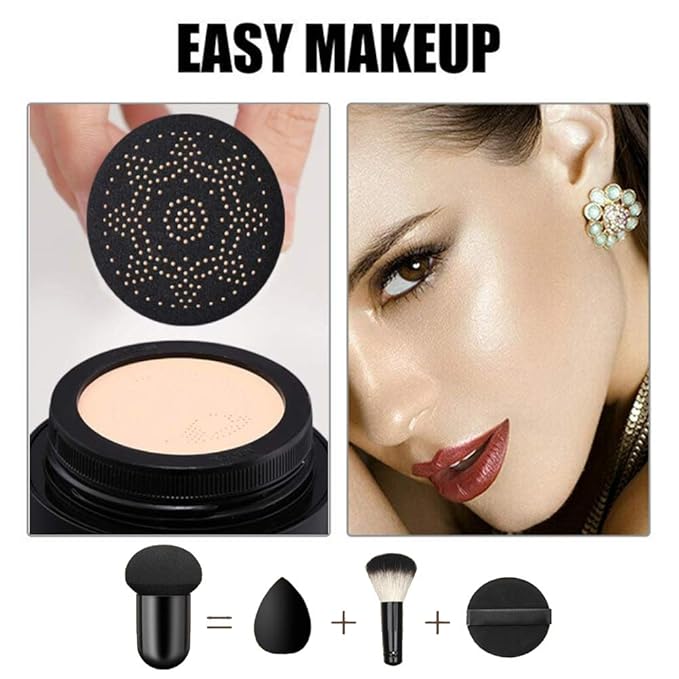 Air Cushion CC Cream Mushroom Head Cushion Foundation, BB Cream Face Makeup for Mature Skin Moisturizing Concealer Brighten Long-Lasting, Even Skin Tone for All Skin Types (Ivory)