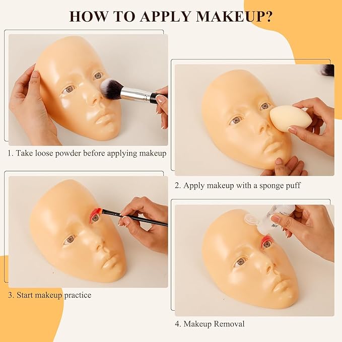 Makeup Practice Face, Eye Makeup Practice Head Silicone, Makeup Practice Accessories Set with Face Painting Mannequin Head, Makeup Brushes, Face Painting and Eyebrow Pen, Makeup Practice Gift, Yellow