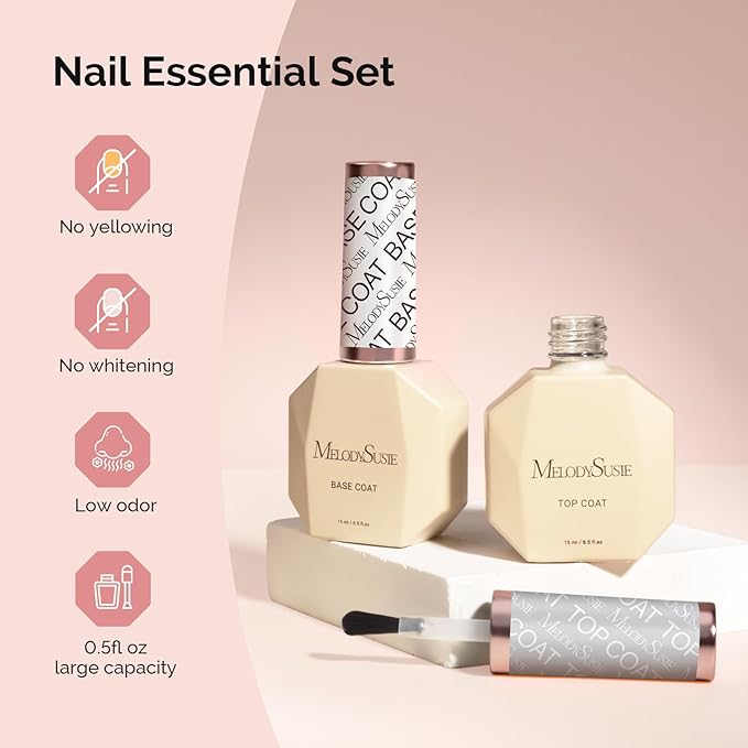MelodySusie No Wipe Glossy Top Coat Base Coat Set Long Lasting Shine Finish Soak Off UV LED Nail Lamp Nail Polish Art Design Manicure Kit Perfect Gifts for Women Girls 2 Pcs 15ml Clear
