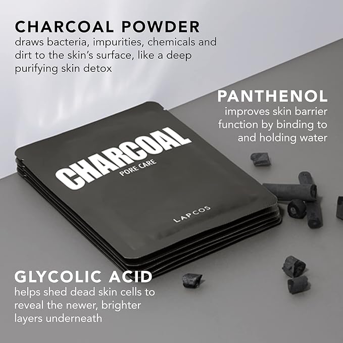 LAPCOS Charcoal Sheet Mask, Daily Face Mask with Salicylic Acid and Tea Tree Oil to Detoxify and Tighten Skin, Korean Beauty Favorite, 5-Pack