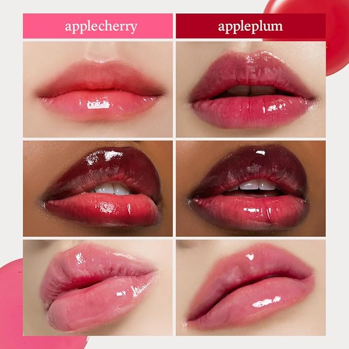 NOONI Vegan Appleseed Lip Oil Set - Applecherry & Appleplum | Long-Lasting, Moisturizing, Plumping, Revitalizing for Dry Lips, Waterproof, No Peel Off, Korean Tint, 0.12 FL Oz x 2ea