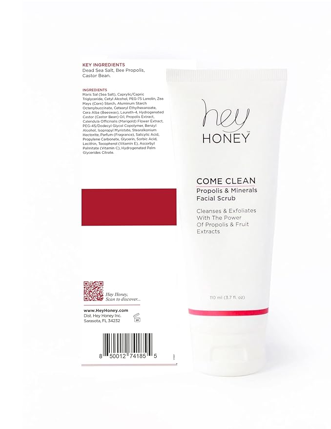 Hey Honey, Come Clean Propolis & Mineral Facial Scrub. Rich, Exfoliating, Dead Sea Salt Scrub designed to be gentle enough for even the most sensitive skin. 110ml