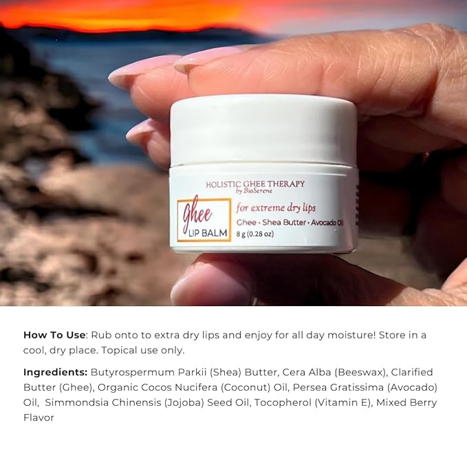 Natural Lip Balm For Very Dry Lips | Pack of 4 | Moisturizing Ghee, Shea Butter, Beeswax, Coconut Oil, & Jojoba Oil | Hydrating Lip Care For Chapped Lips, After Sun Care | Bioserene