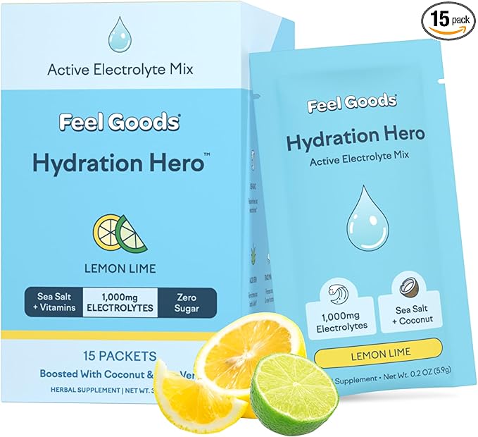 Feel Goods Hydration Hero, 1,000mg Electrolytes Powder, Sugar Free, Magnesium, Organic Aloe Vera, L Theanine, Vitamin C & B12, Non GMO, Keto, Vegan, Electrolyte Packets | Lemon Lime, 15 Count