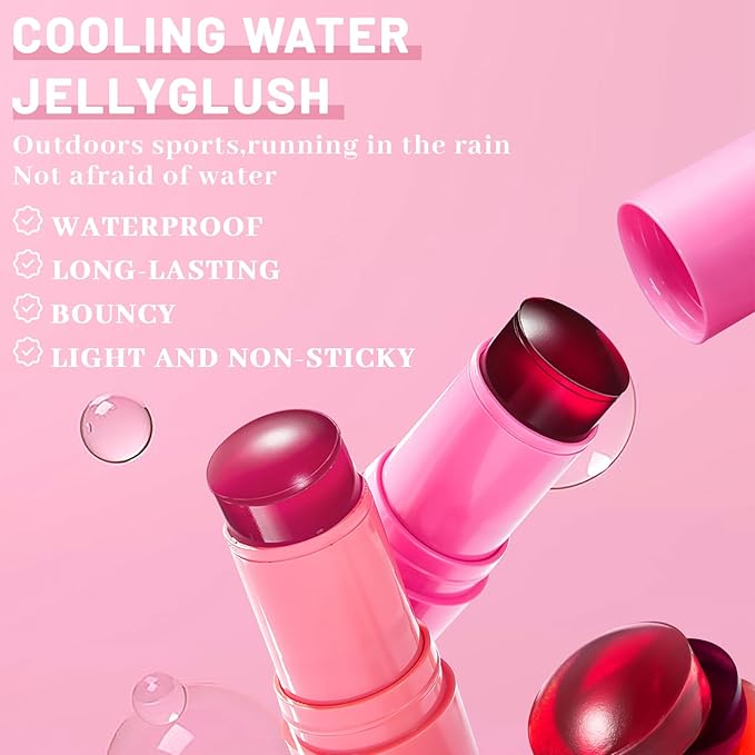 4 Pcs Jelly Blush Stick,Sheer Lip & Cheek Stain Makeup Cooling Water Jelly Tint, Multiple Use Long Lasting Jelly Texture Non-Stick Blush for Cheeks, Pigmented Waterproof Makeup Blush