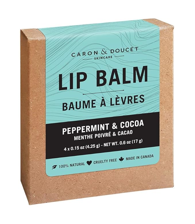 Caron & Doucet - 100% Natural Lip Balm - Premium Beeswax & Olive Oil Moisturizing Lip Balm - Best for Dry Chapped Lips. (Pack of 4, Peppermint & Cocoa)