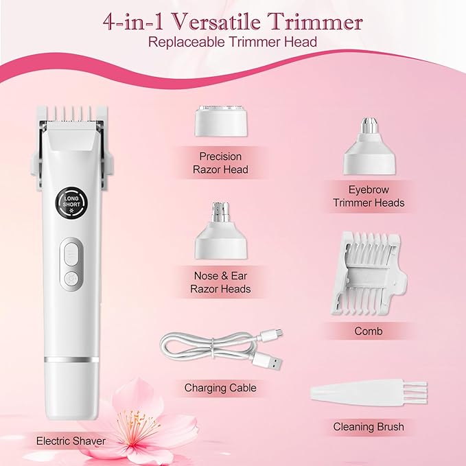 Upgrade Dermave Bikini Shaver, Dual Head 4 in 1 Bikini Trimmer for Women, IPX7 Waterproof Wet & Dry Use Electric Razor with Led Light and Display for Nose, Eyebrow, Bikini, Body (White)