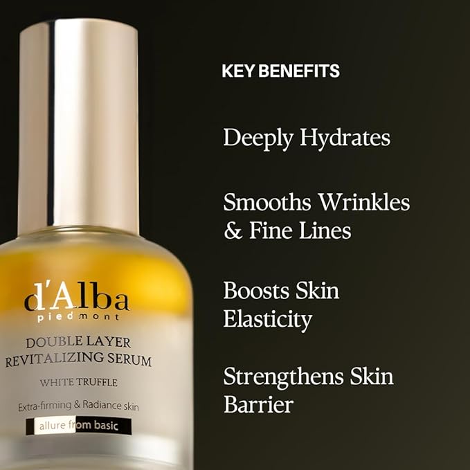 d'alba Piedmont Italian White Truffle Double Layer Revitalizing Serum, 100hr Hydration, Hyaluronic Acid and Centella Asiatica, Skin Firming and Tightening, Long-lasting Korean Skin Care (1.01 fl.oz)