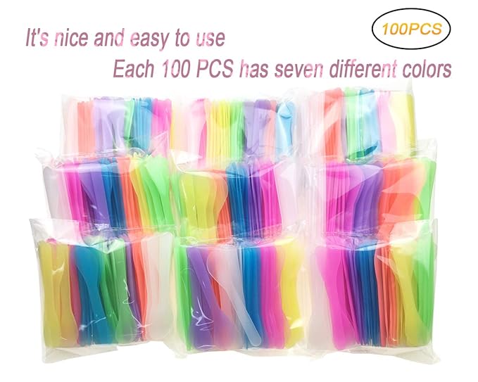 100 PCS Cosmetic Spatula for Makeup Face Mask Plastic Spoon Disposable Makeup Tools for Mixing and Sampling 4.88'' x 1.06" Random Color
