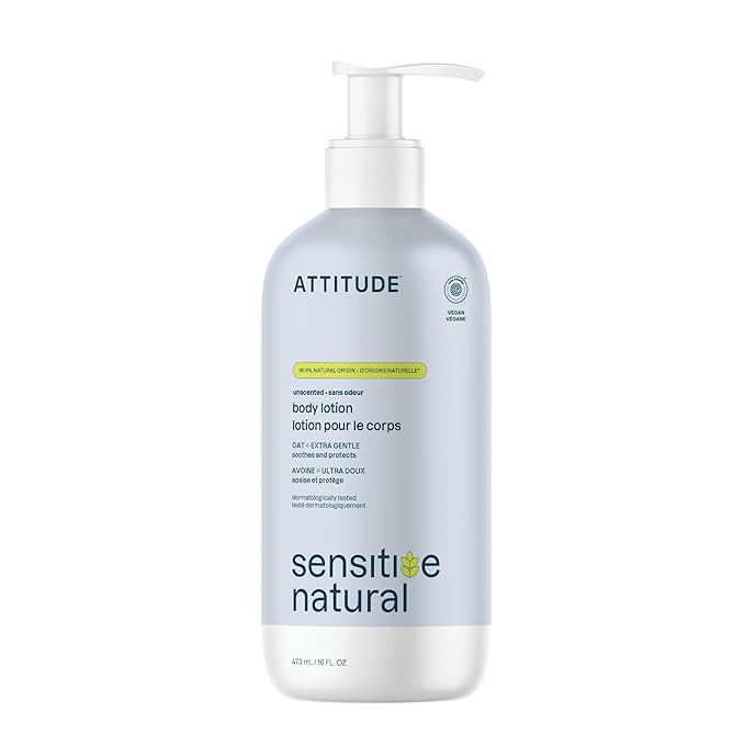 ATTITUDE Body Lotion for Sensitive Skin with Oat, EWG Verified, Dermatologically Tested, Vegan, Extra Gentle, Unscented, 16 Fl Oz