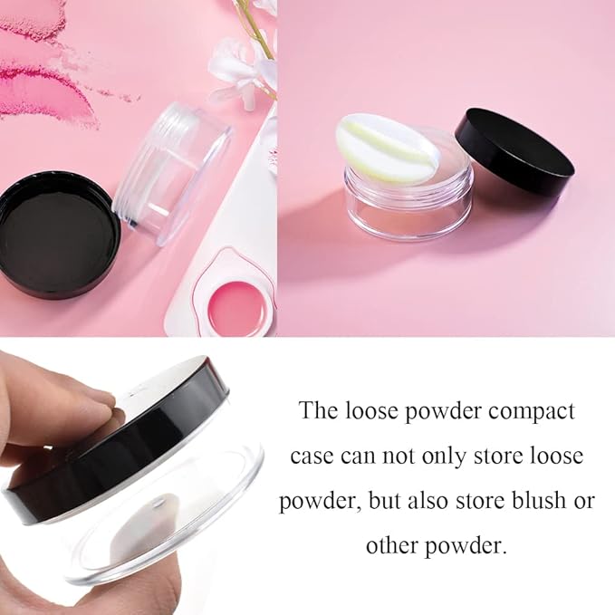HAHIYO 3Pcs 30ml/1oz Plastic Empty Travel Compact Case Makeup Cosmetic Jar Refillable Powder Box No Leak Holder with Common Sifter and Black Screw Lid