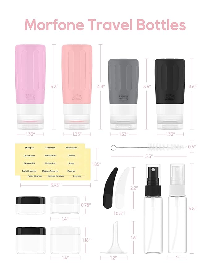 Morfone 16 Pack Silicone Travel Bottles Set for Toiletries TSA Approved Travel Containers Leakproof Squeezable Refillable Accessories 2oz 3oz for Shampoo Conditioner Lotion Liquids (Black Pink)