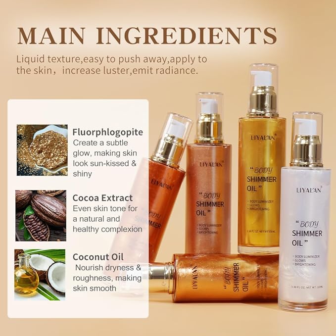 Liyalan Shimmer Body Oil 5 Color Gold 3.38 Fl Oz Face Glow Pearl Highlighter Illuminator Body Makeup Shine Glitter Gold Liquid Taning